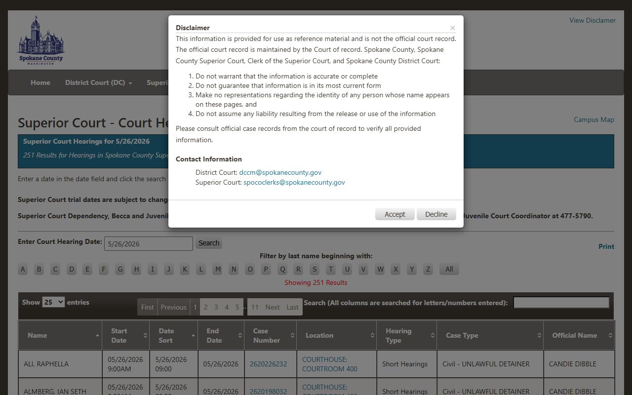 Spokane County court dockets search for Superior Court hearings by date