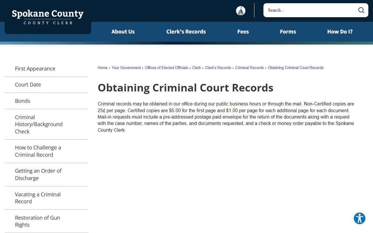 Spokane County criminal records request page at the Clerk of the Superior Court