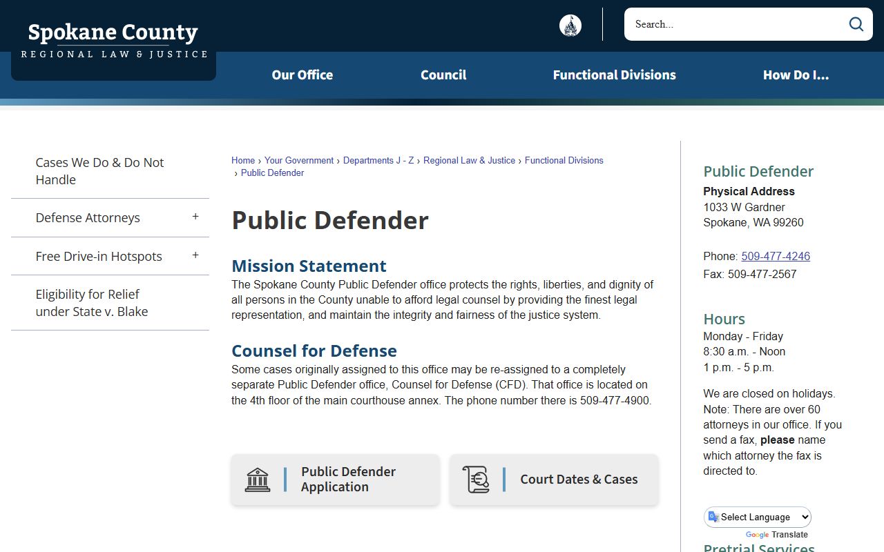 Spokane County arrest records and Public Defender appointed counsel page