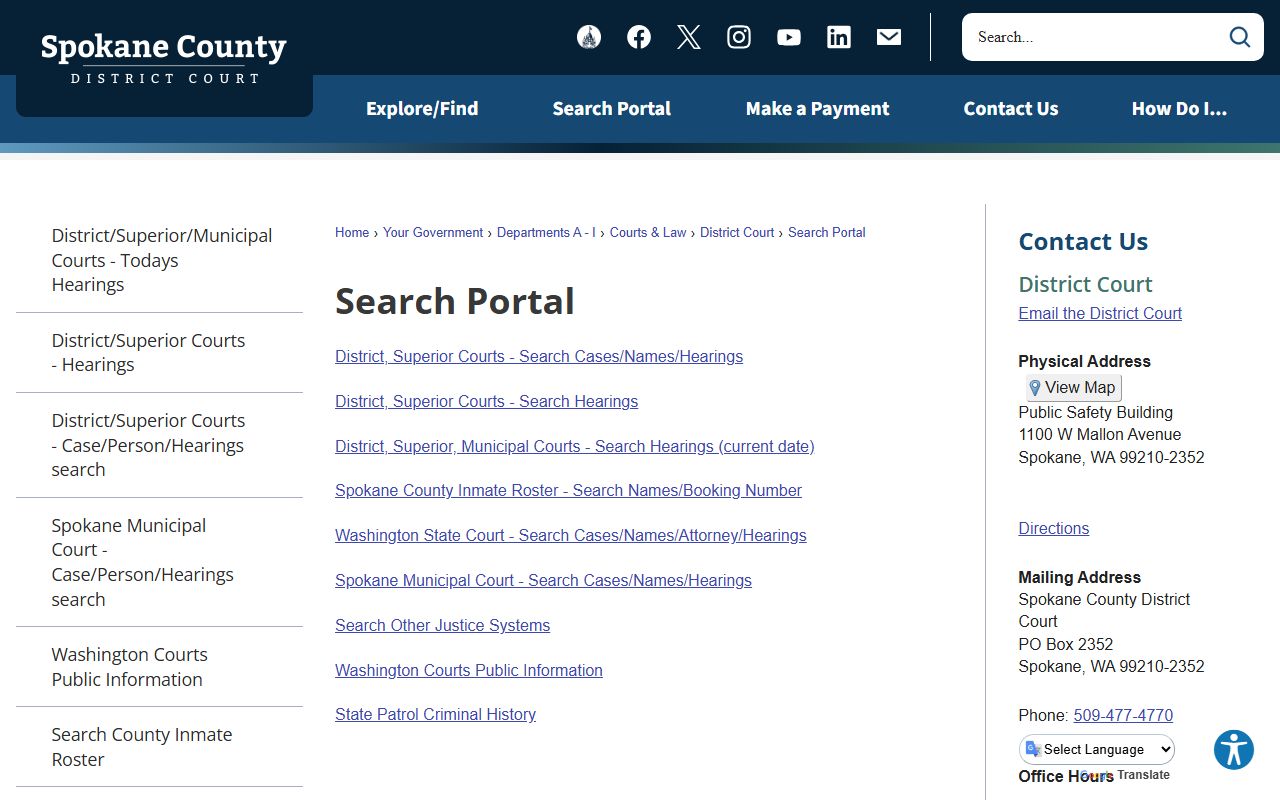 Spokane County court records search portal listing case and inmate lookups