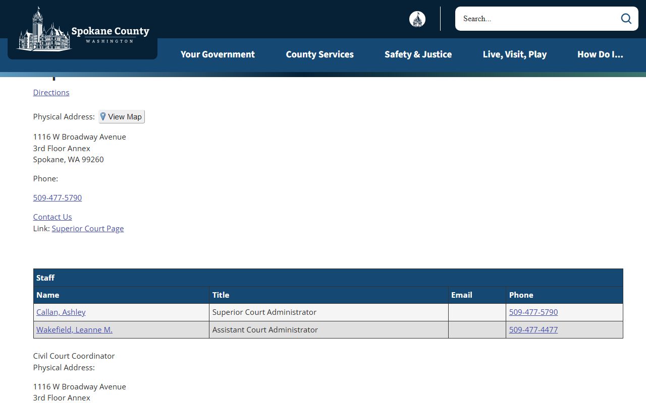 Spokane County Superior Court contact and address page for court records