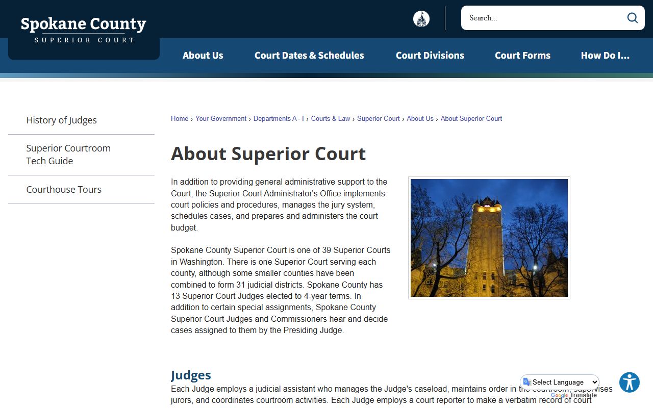 Spokane County Superior Court overview describing judges and court records duties