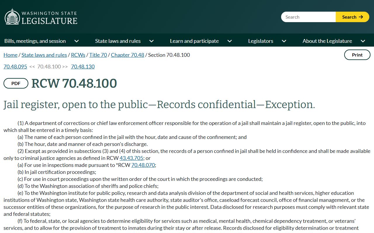 Spokane County inmate records RCW 70.48.100 jail records statute