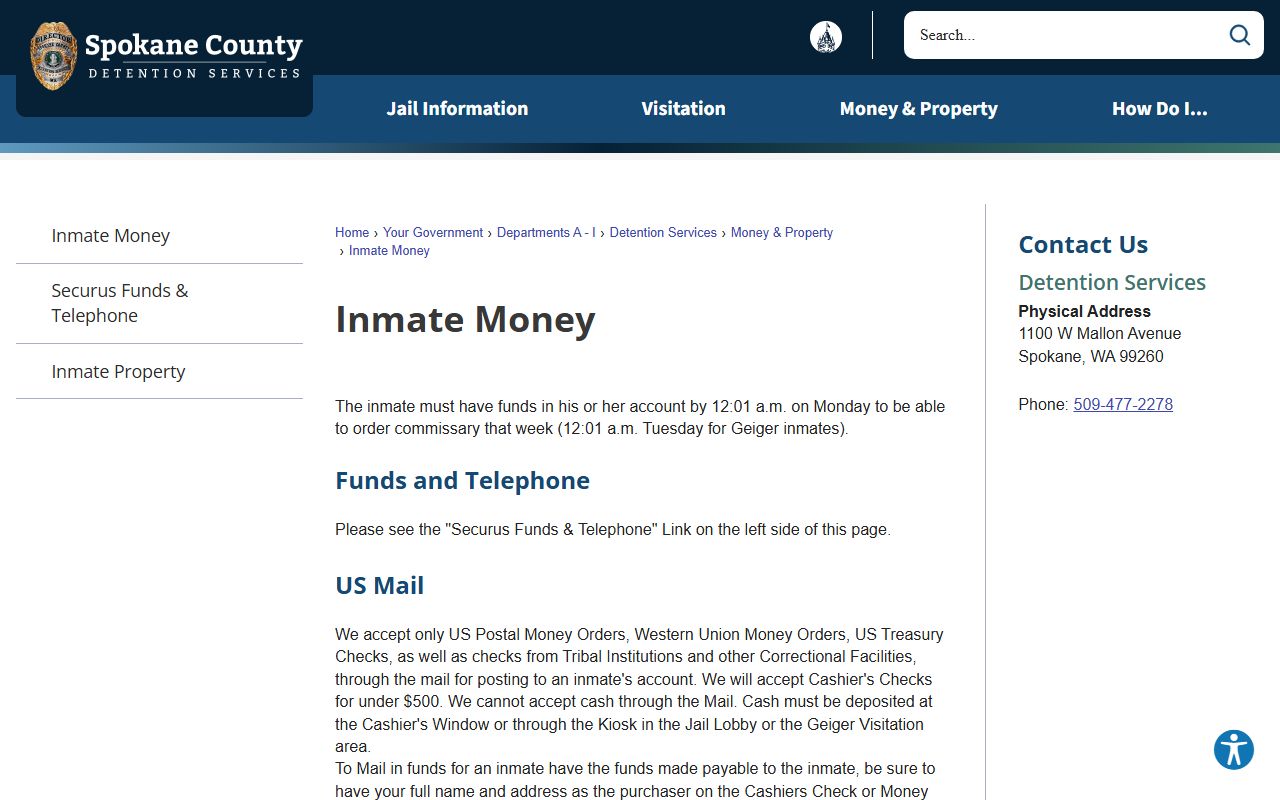Spokane County inmate records Inmate Money deposit rules page