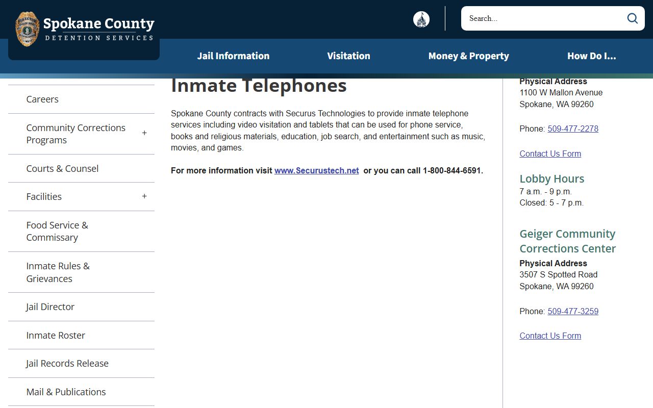 Spokane County inmate records Securus inmate telephone service page
