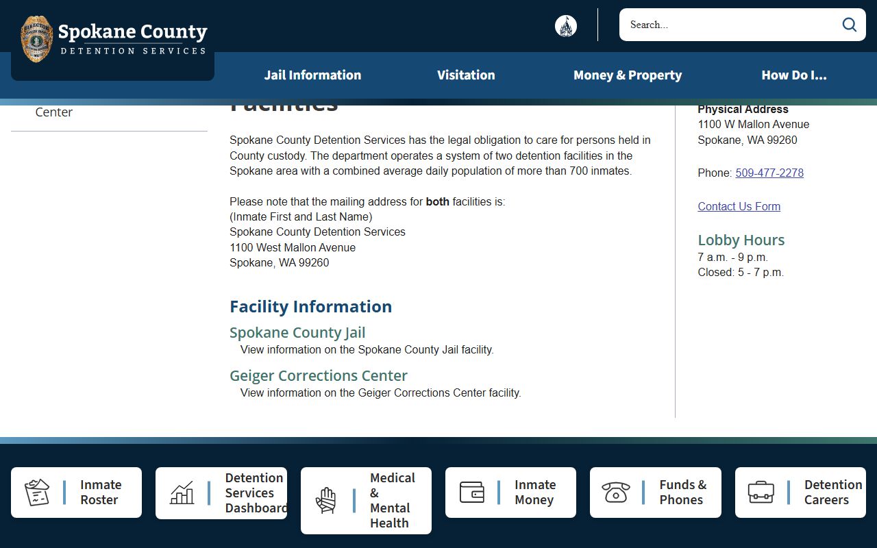 Spokane County inmate records Detention Services Facilities overview page