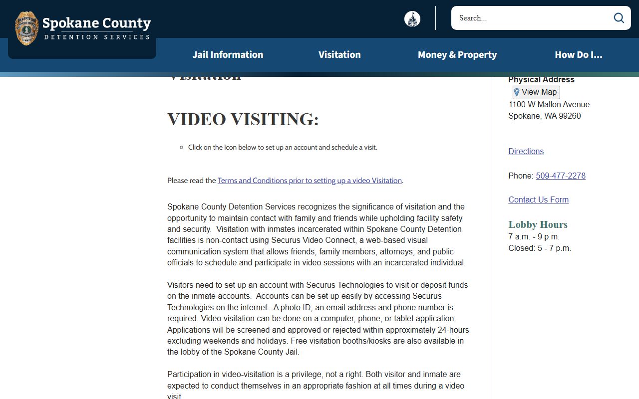 Spokane County inmate records Detention Services visiting rules page