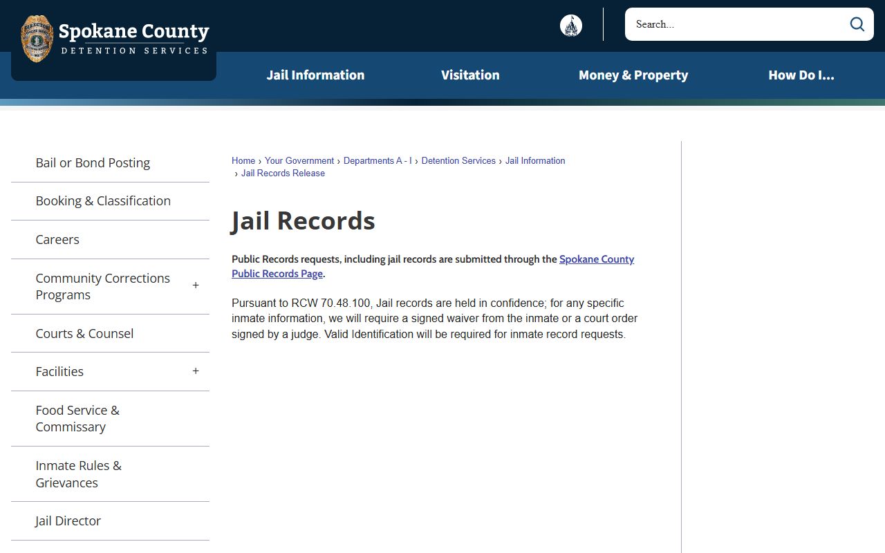 Spokane County inmate records Jail Records Release request page