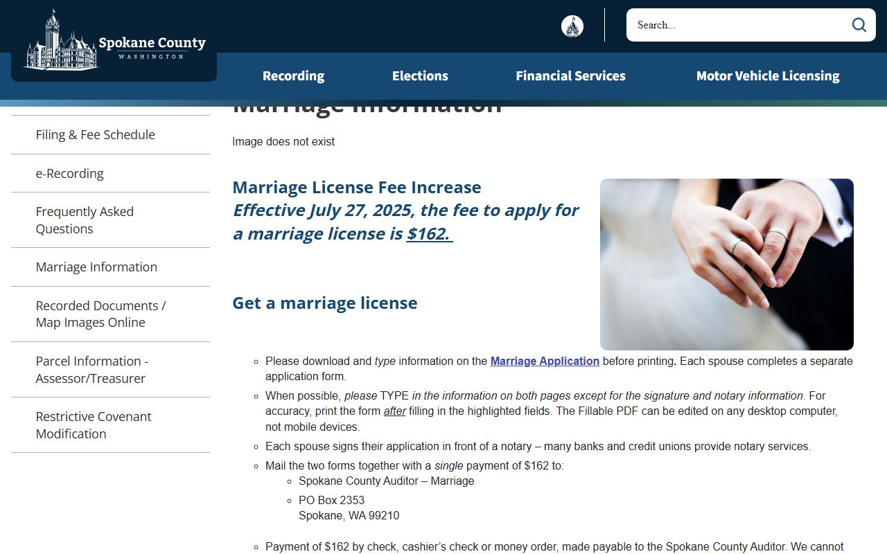 Spokane County Auditor page for marriage and divorce records and license fees