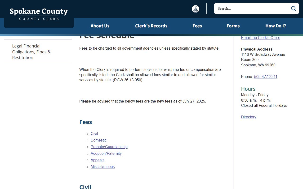 Spokane County Clerk fee schedule for probate records filings