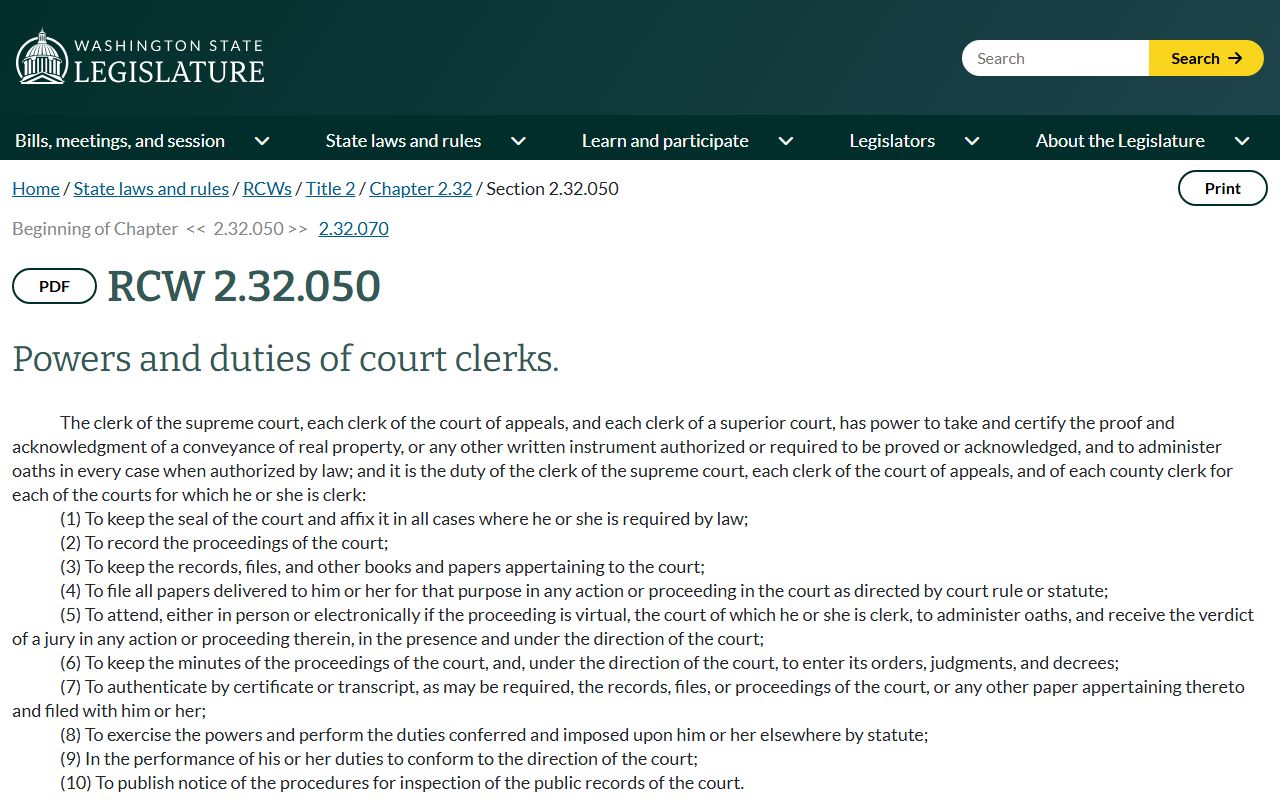 Washington statute on county clerk duties for Spokane County probate records
