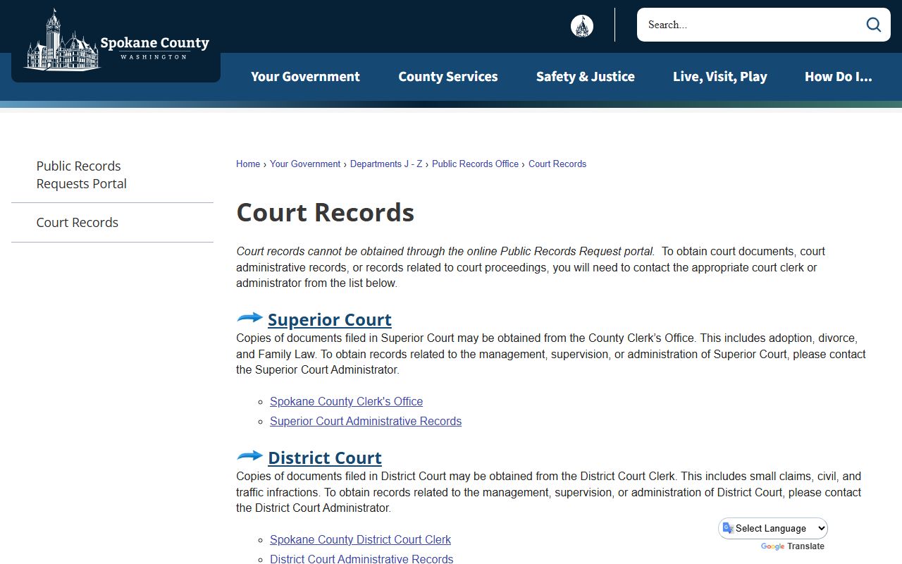 Spokane County Court Records page explaining public records routing