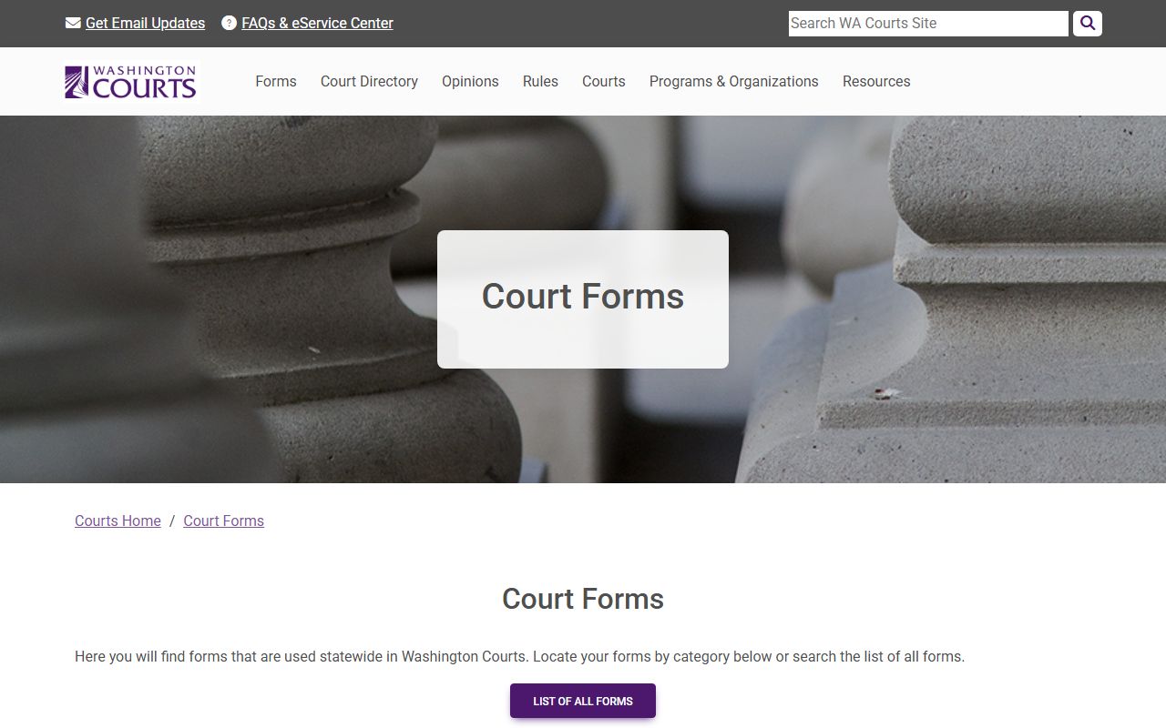 Washington Courts forms library used for Spokane County public records cases