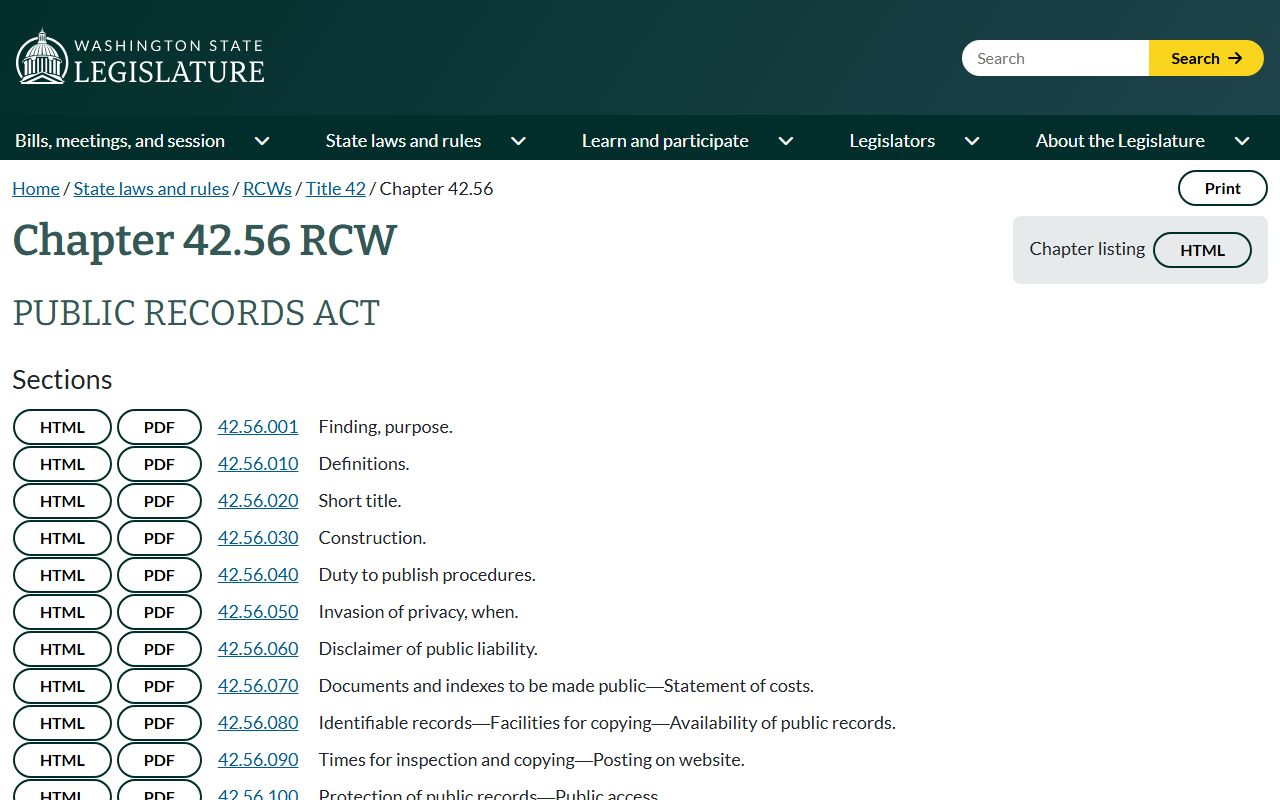 Washington Public Records Act text governing Spokane County public records