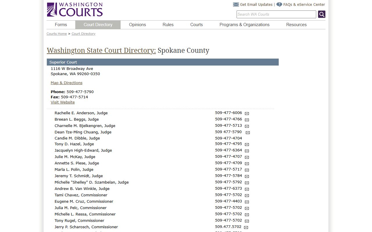 Washington Courts directory for Spokane County Superior Court records and judges