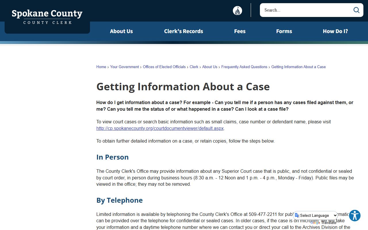 Spokane County Clerk of Court page explaining court records and case information