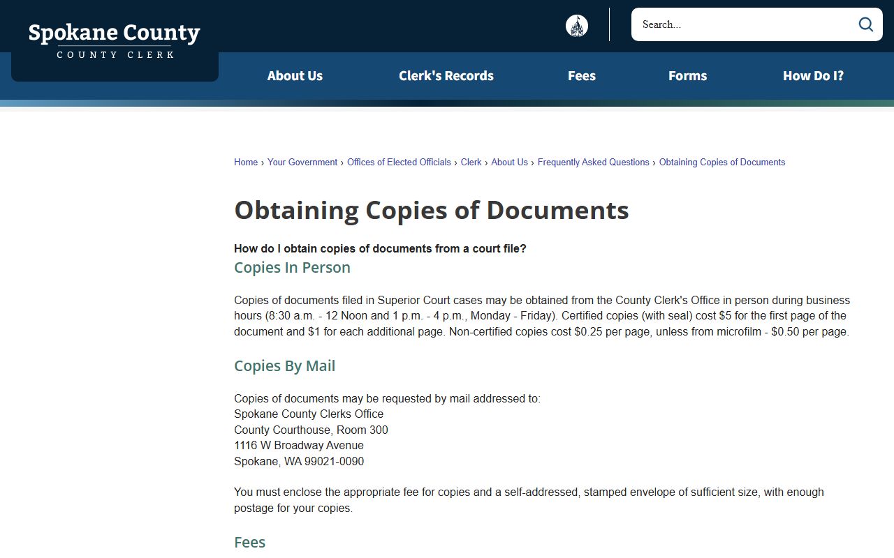 Spokane County Clerk of Court page for obtaining copies of court records
