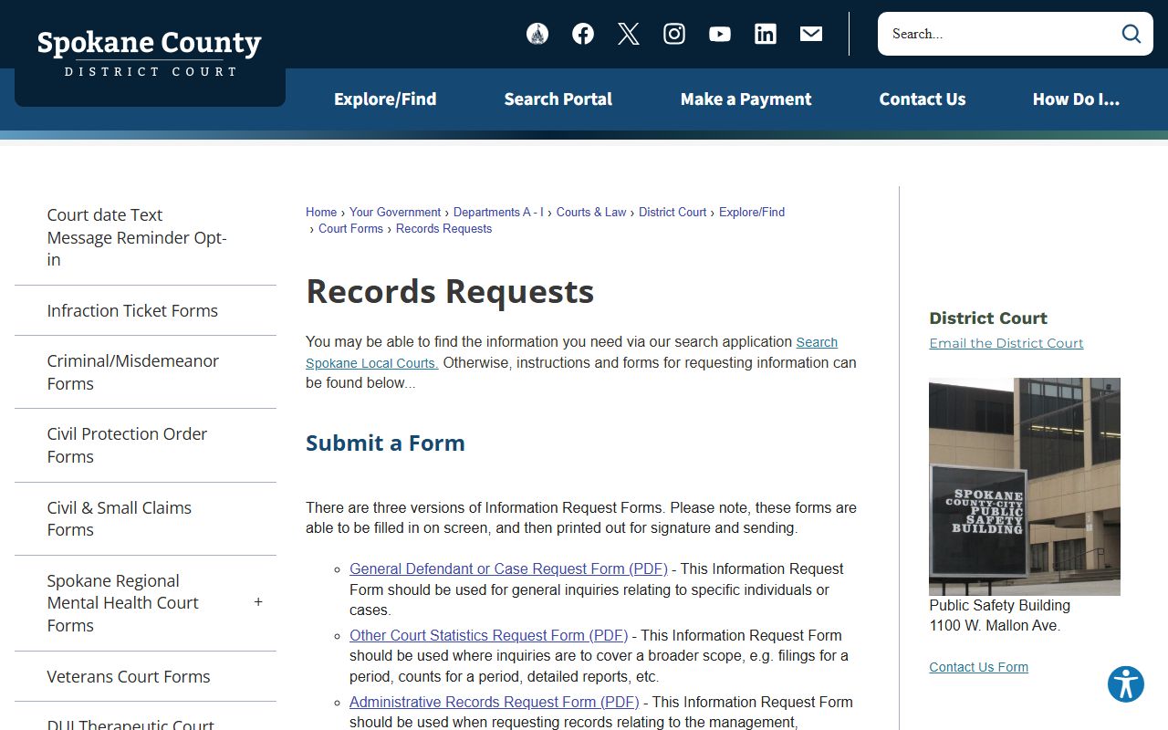 Spokane County District Court records request forms and court records instructions
