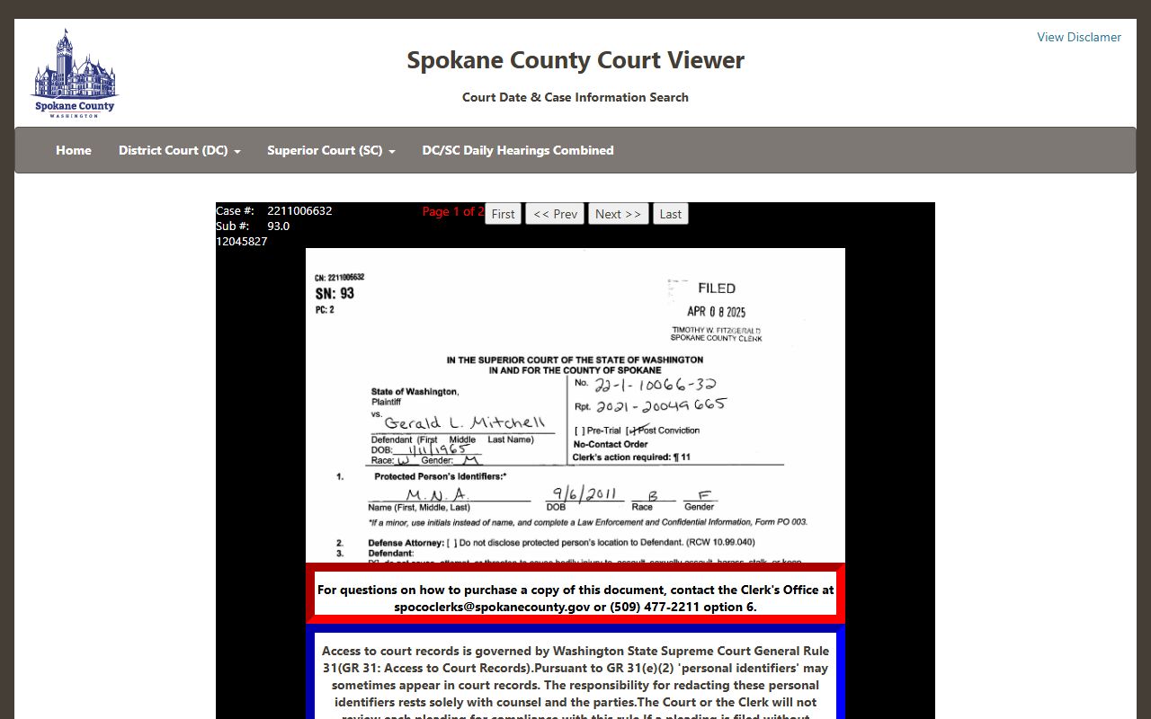 Spokane County Superior Court document viewer for court records