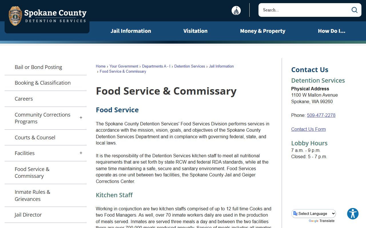 Spokane County inmate population food service and commissary rules page